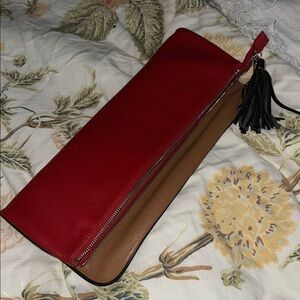 Audrey Brooke Leather Red & Brown  Fold Over Clutch with tassels